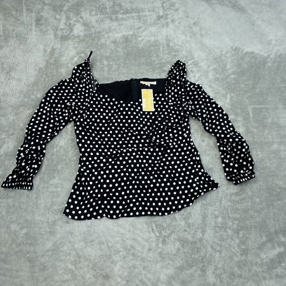 Michael Kors Black Polka Dot Long Sleeve Square Neck Peplum Top L 100% NWT 1423 - Picture 1 of 8